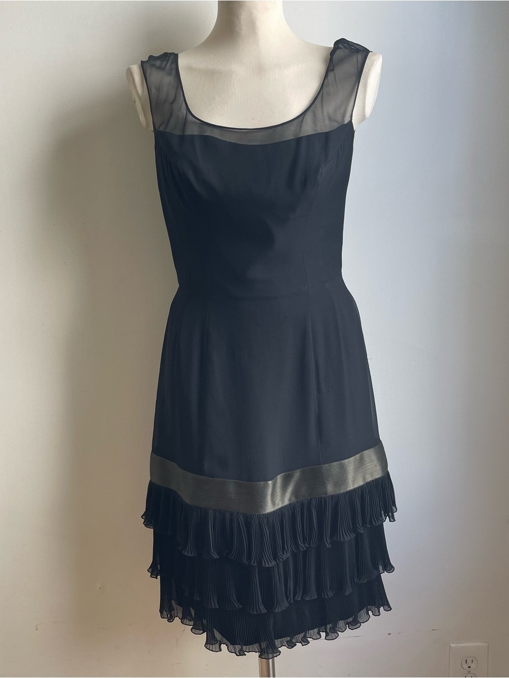 Vintage Mignon NYC Silk Cocktail Dress Couture Black Green Sheer Pleats Small